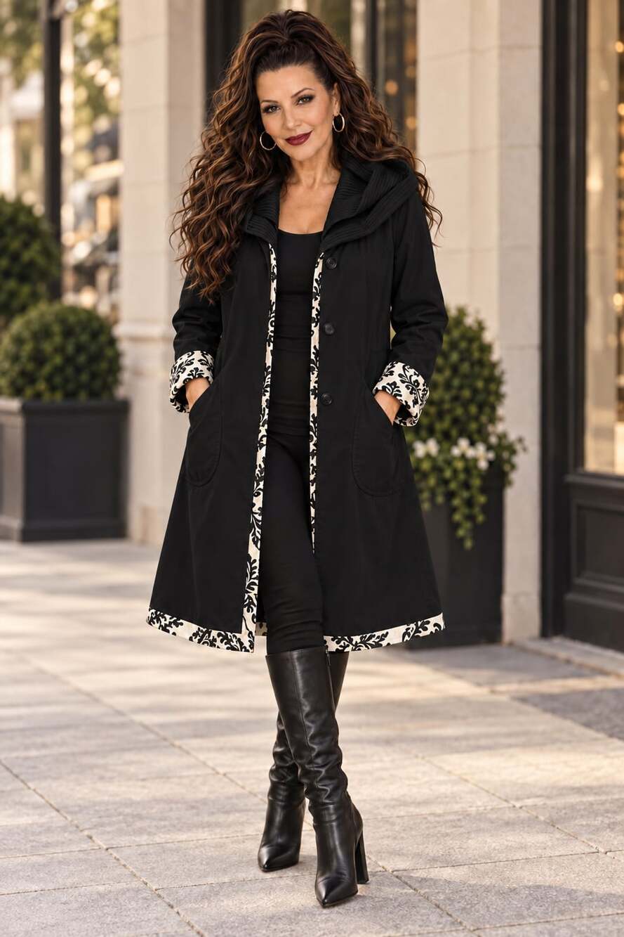 Lapse Reversible Black and White Damask Hooded Coat Jacket